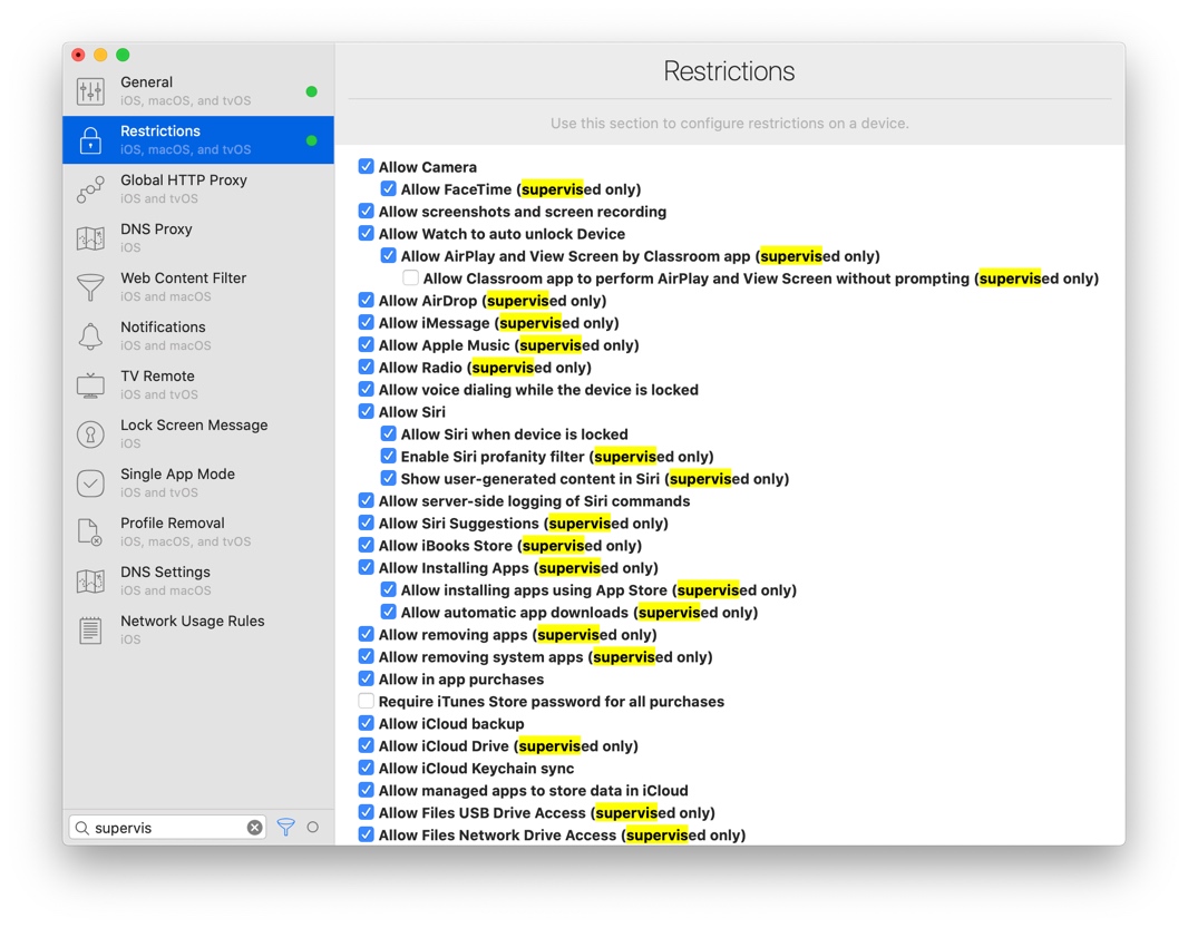 iMazing Profile Editor, Restrictions Section, Supervised Only Highlighted