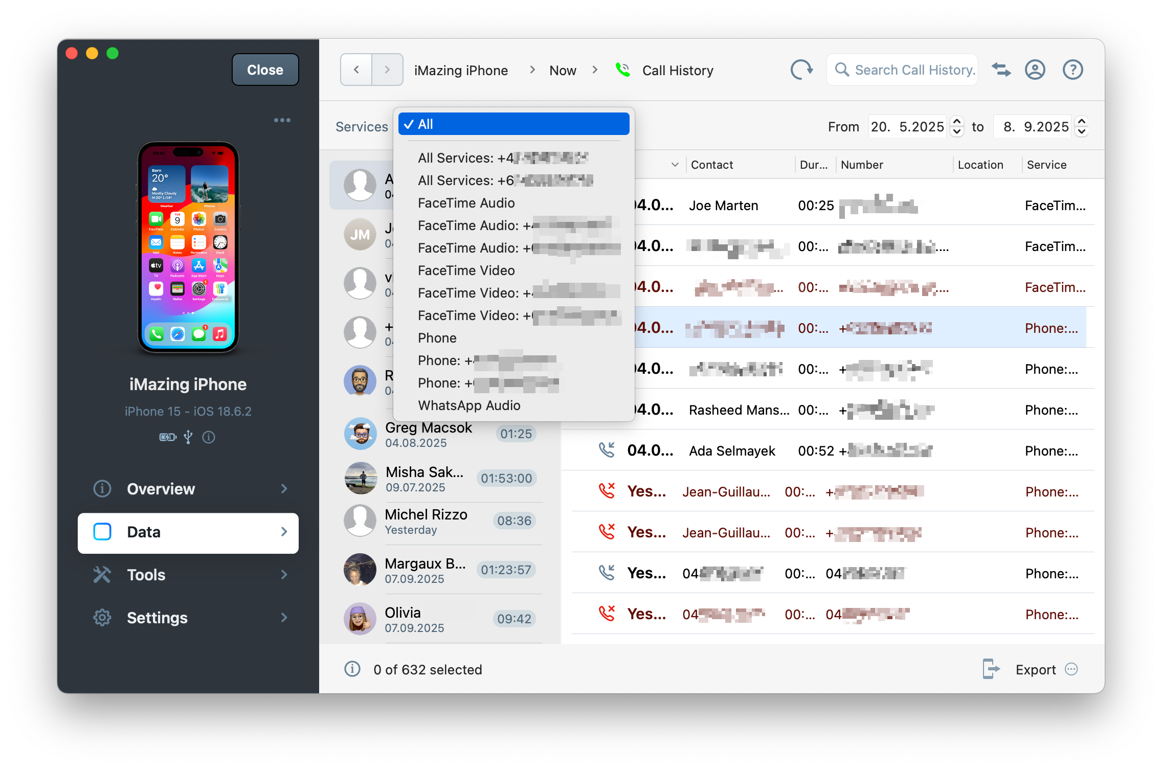 iMAzing 3.4 Call History showing services filter