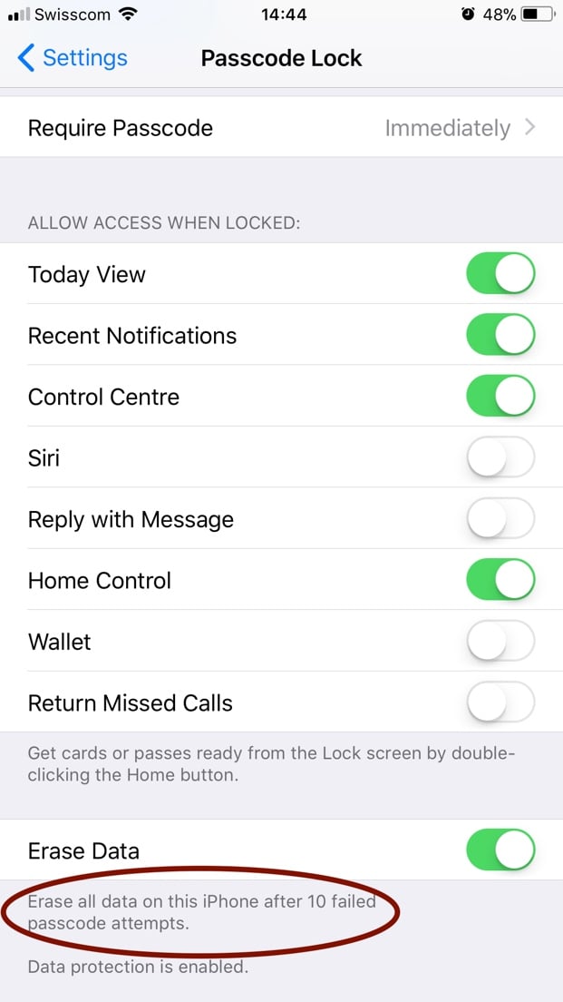 iOS 11 Passcode Settings Wipe Screenshot