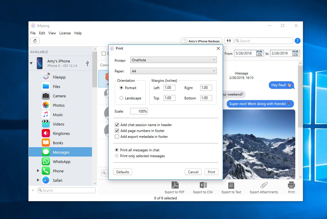 iMazing Print Options for iPhone Messages, Windows