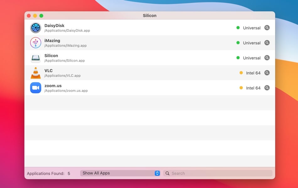 Silicon app, apps list screenshot