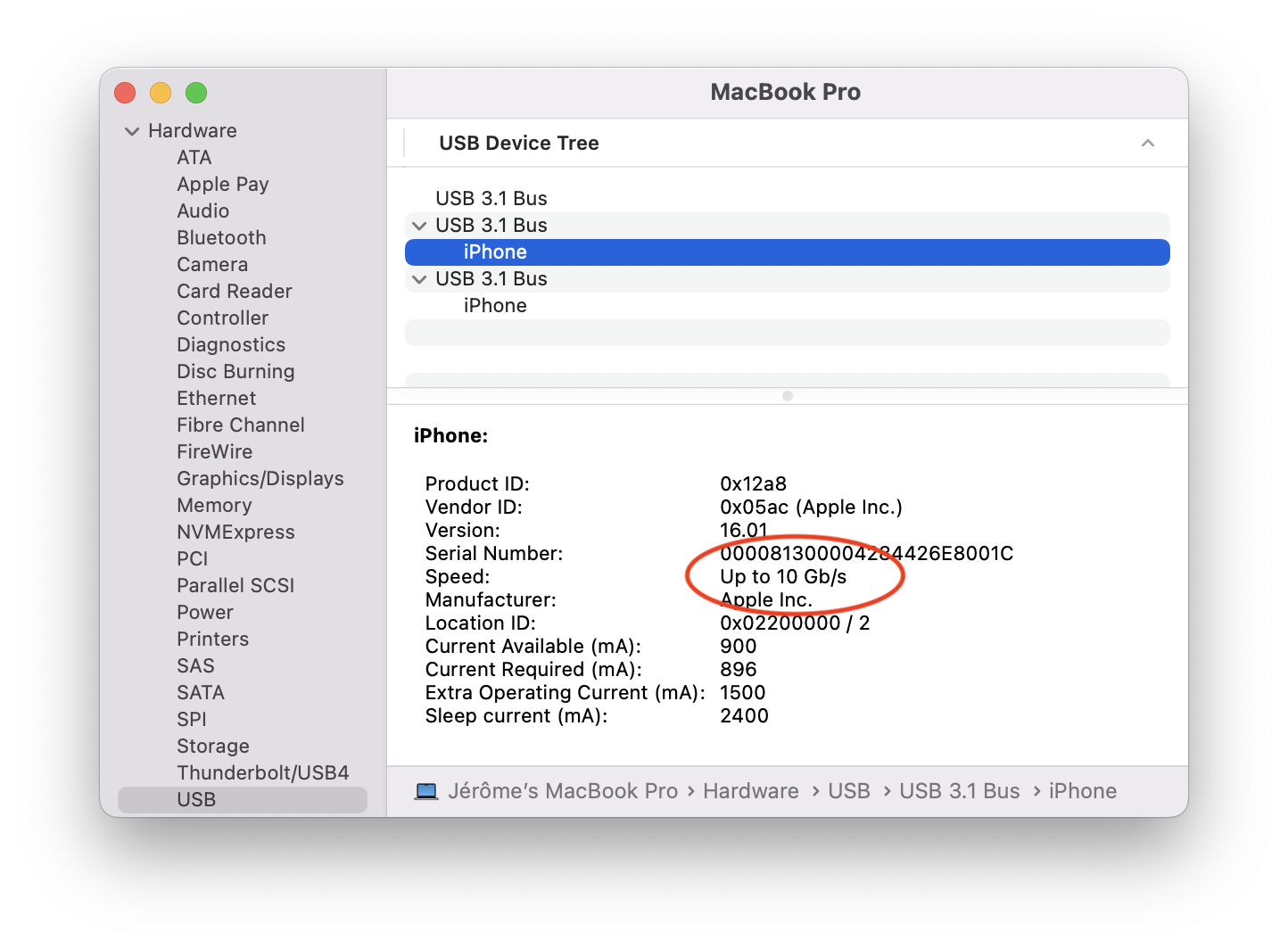 macOS System Info - USB Tree - 10 Gb/s