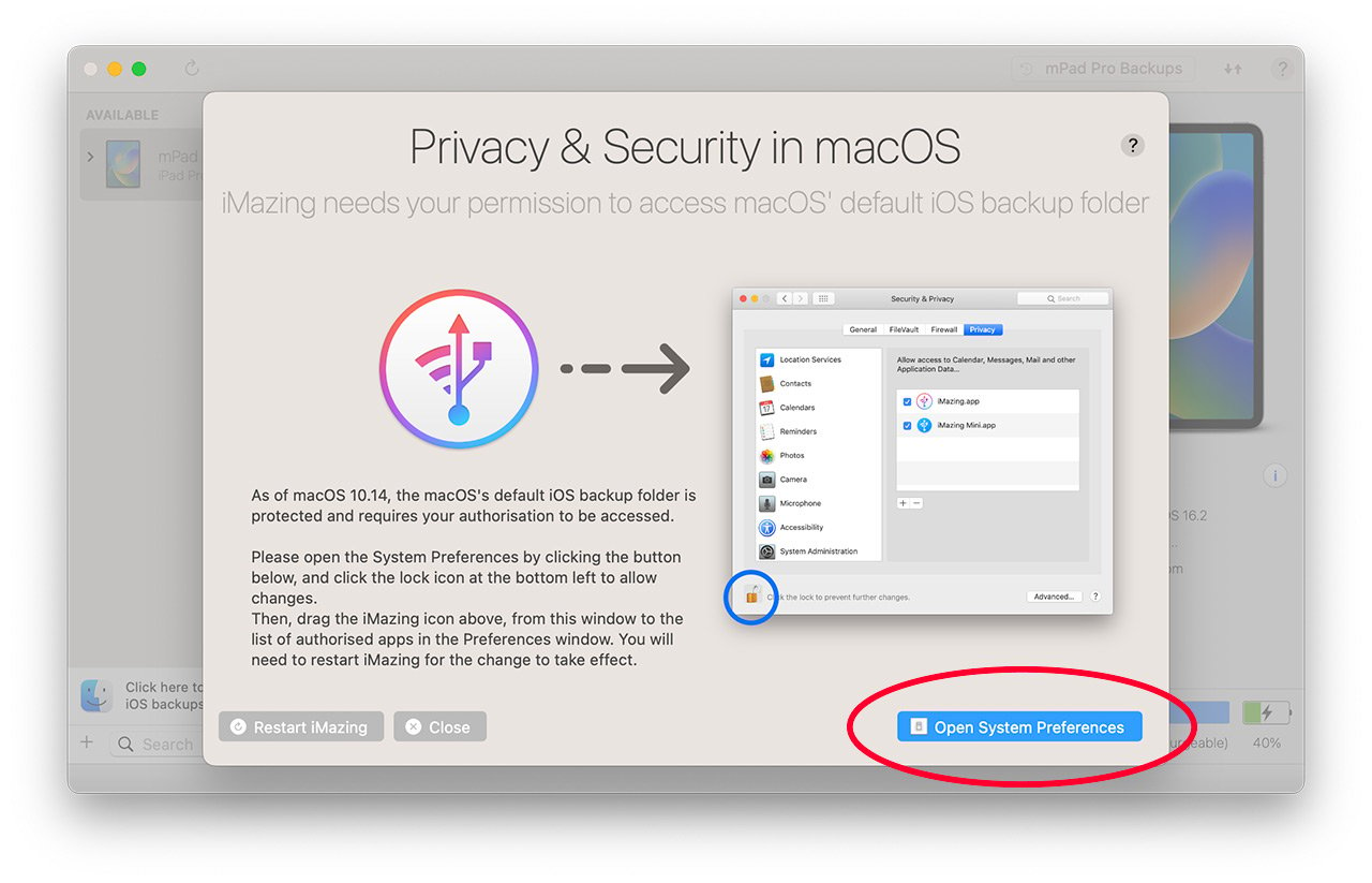 iMazing Allow iTunes Backups Access Screen