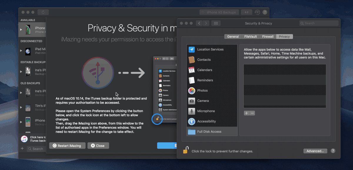 Drag and dropping iMazing icon to Full Disk Access preferences GIF