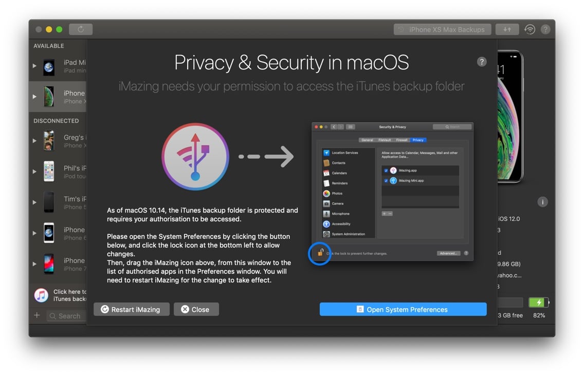 iMazing Allow iTunes Backups Access Screen