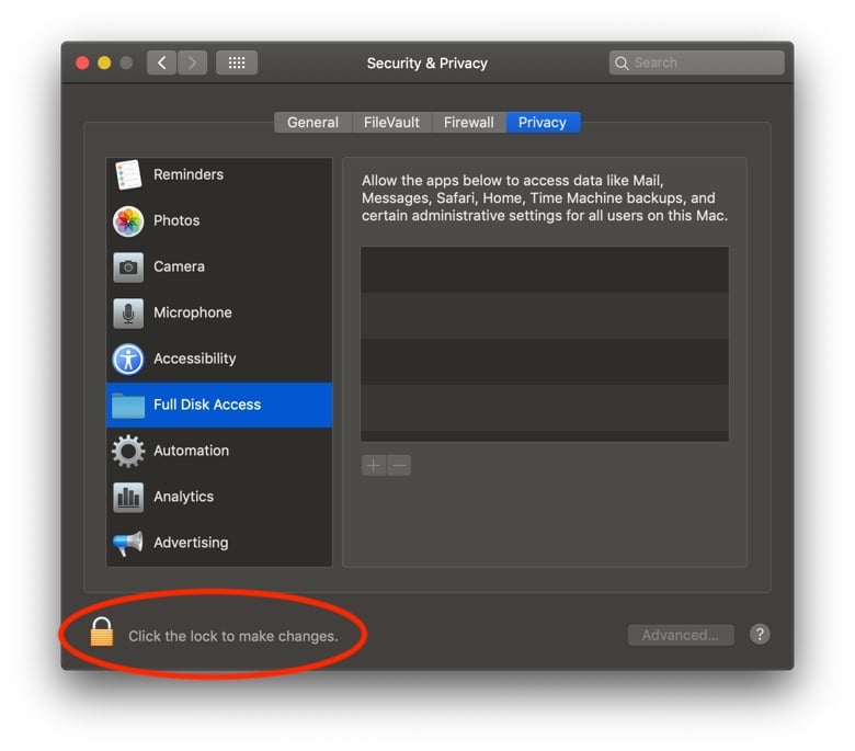 Full Disk Access screen in Preferences
