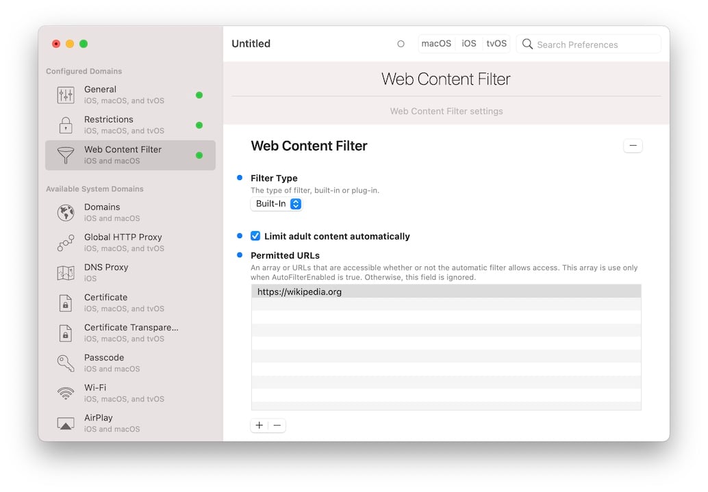 Profile Editor, Web Content Filter preference group