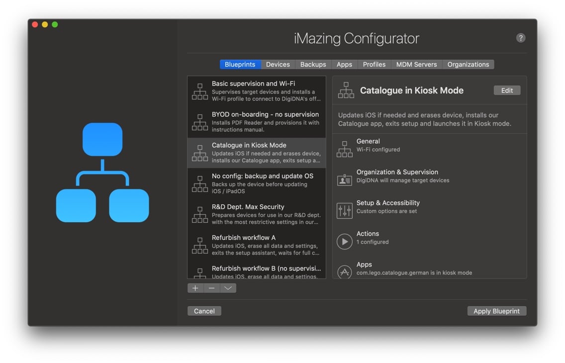iMazing Configurator's Blueprints Screen showing the getting started process.