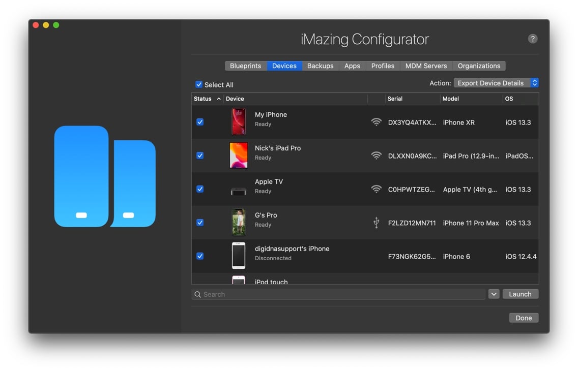 iMazing Configurator Library View, Devices Tab