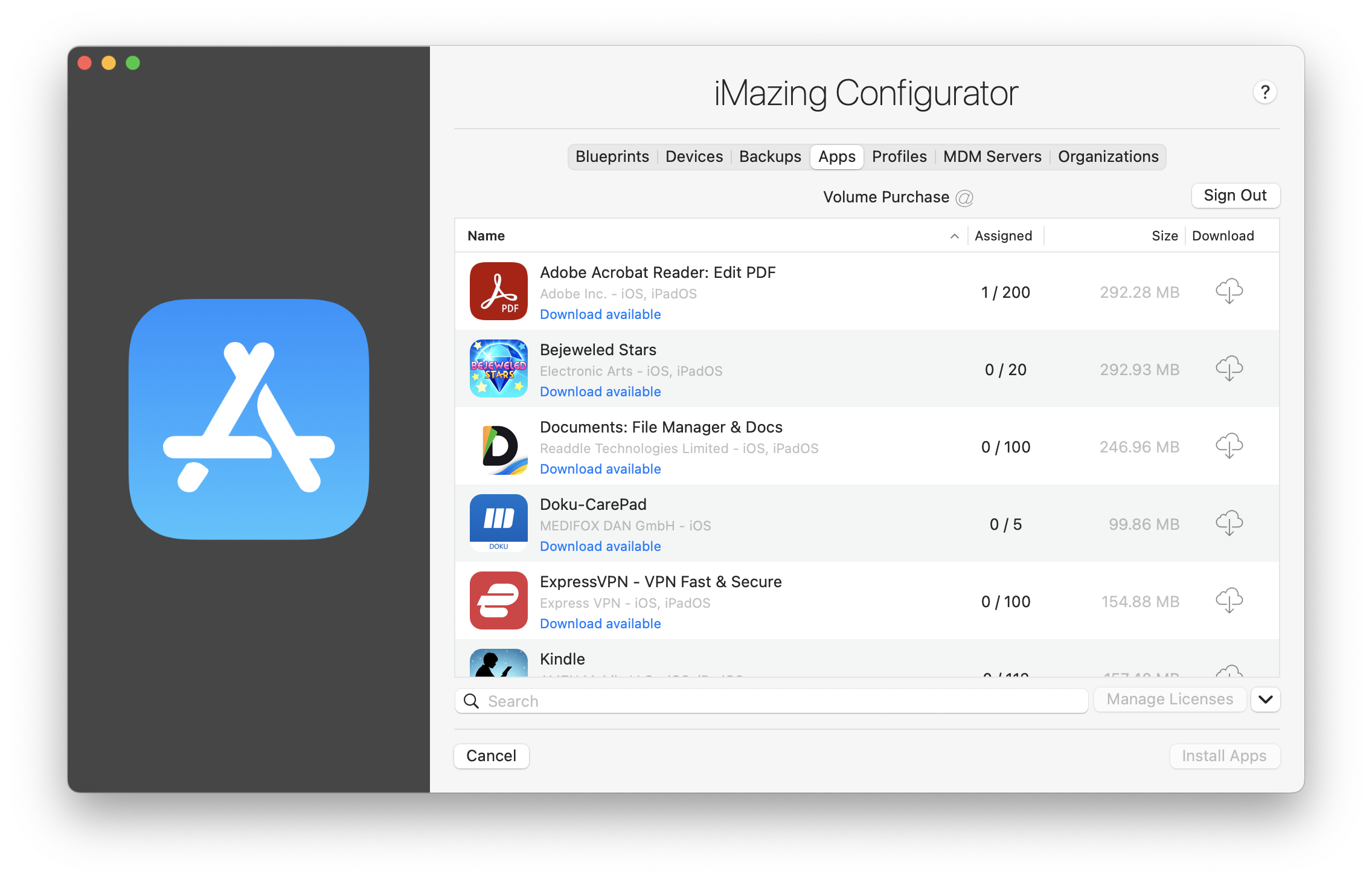 iMazing Configurator Library, Apps View, Managed