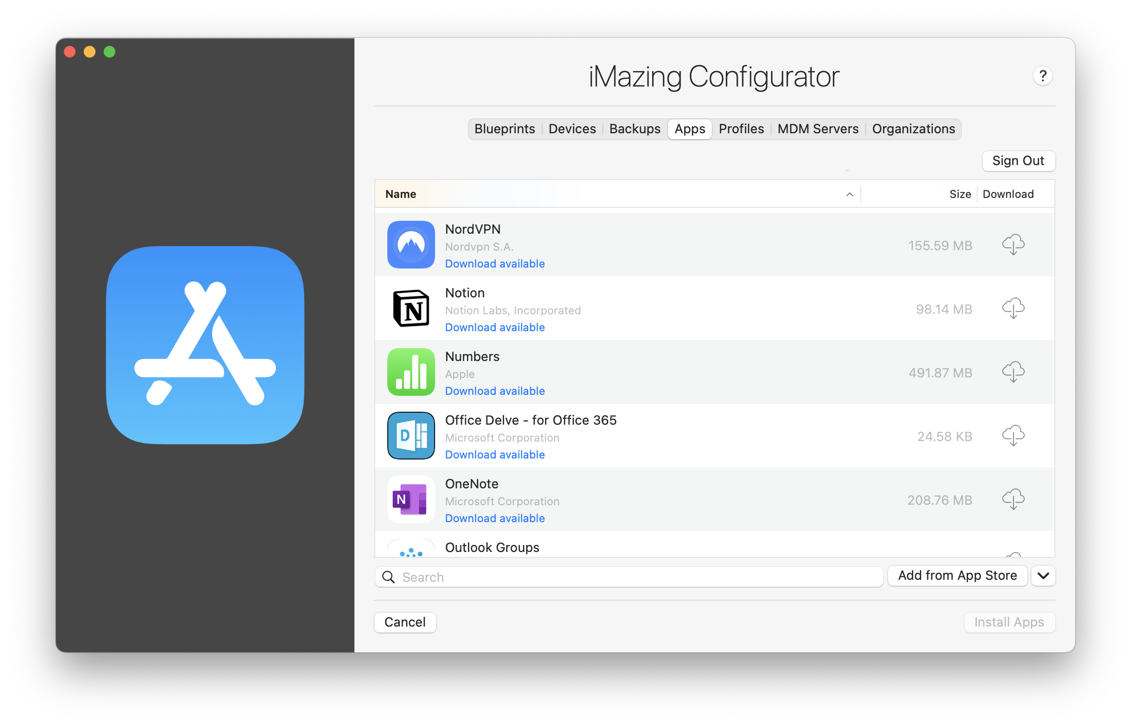 iMazing Configurator Library, Apps View