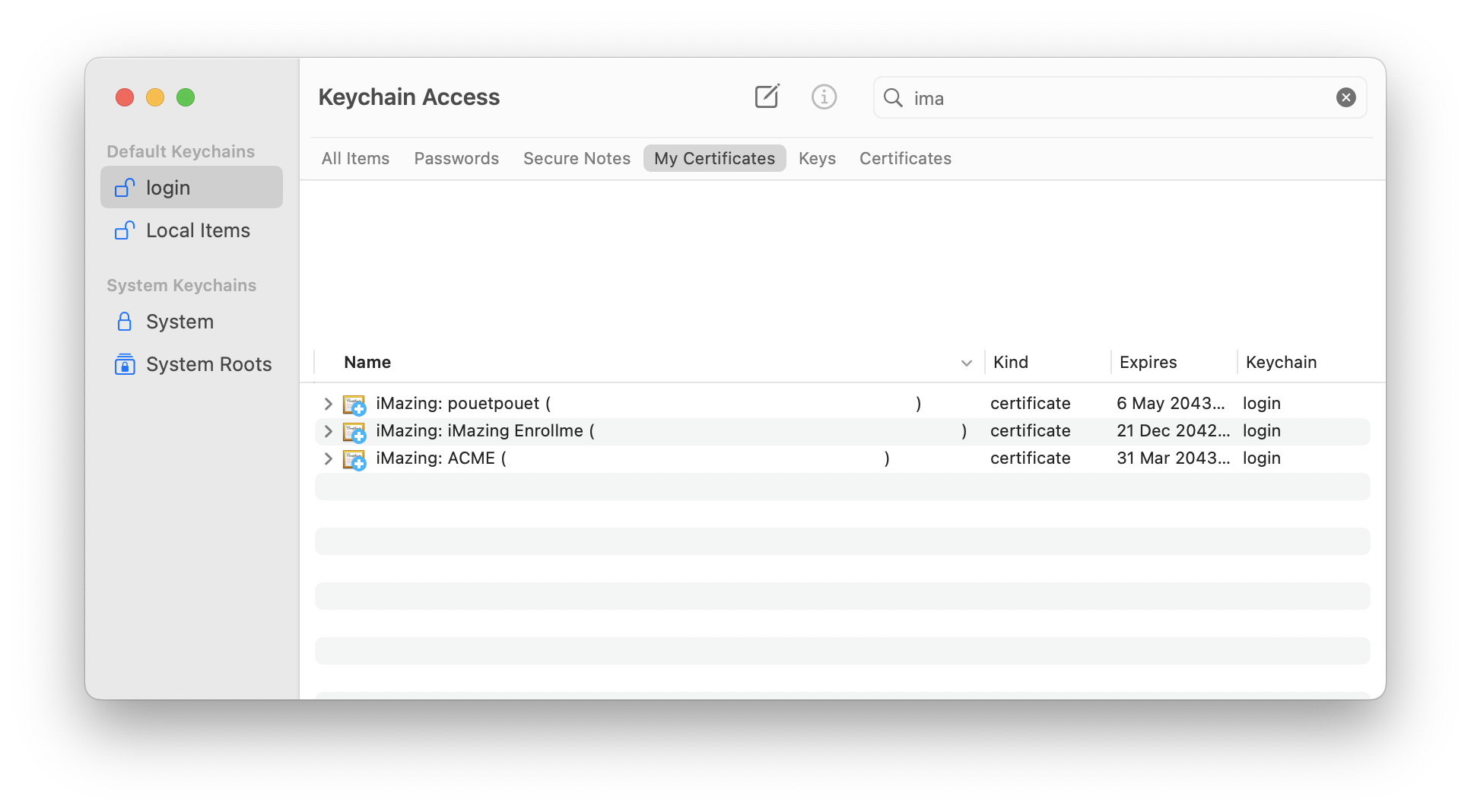 iMazing Supervision Certificates in macOS Keychain