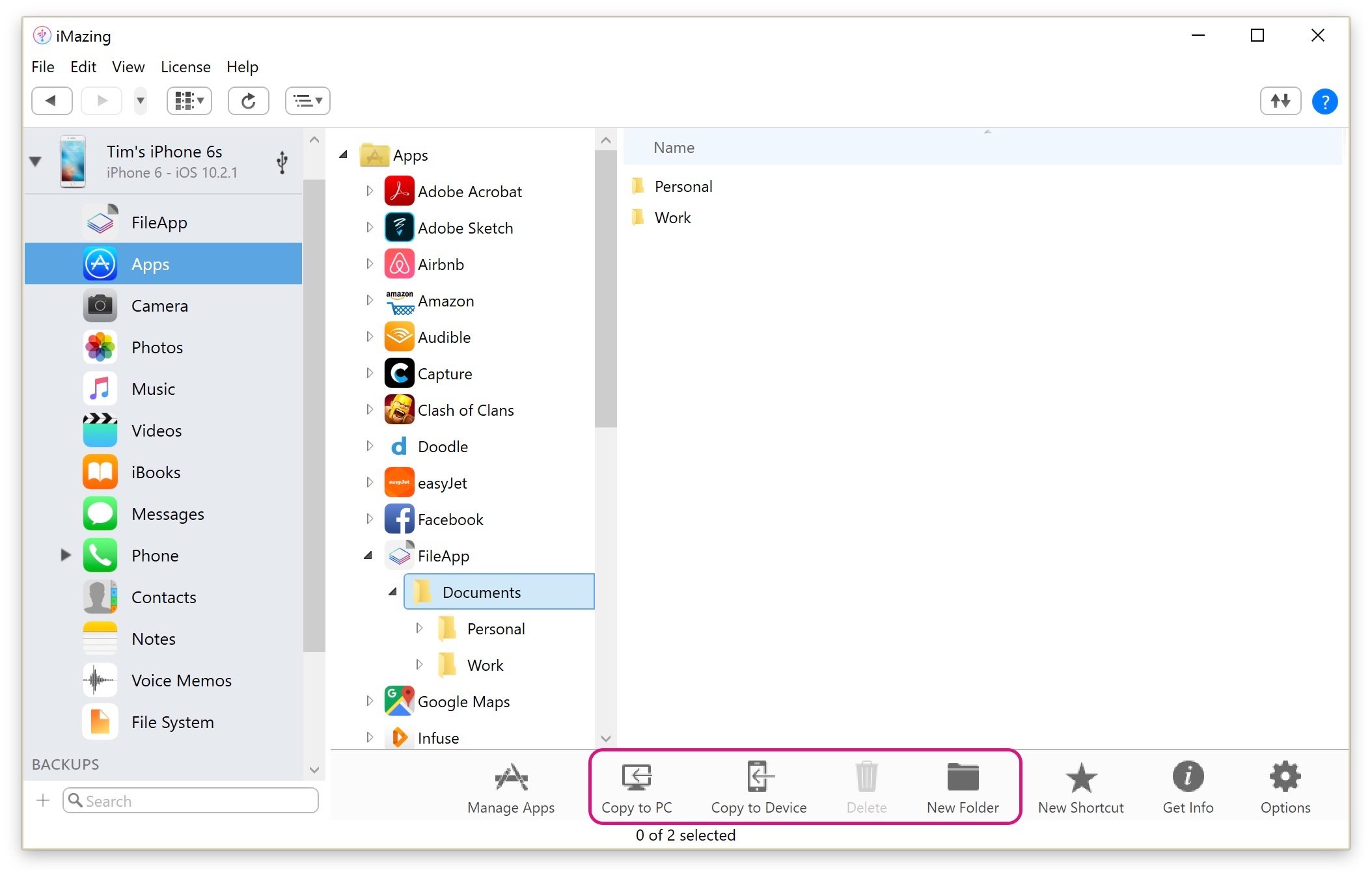 iMazing apps view with actions selected in bottom toolbar 