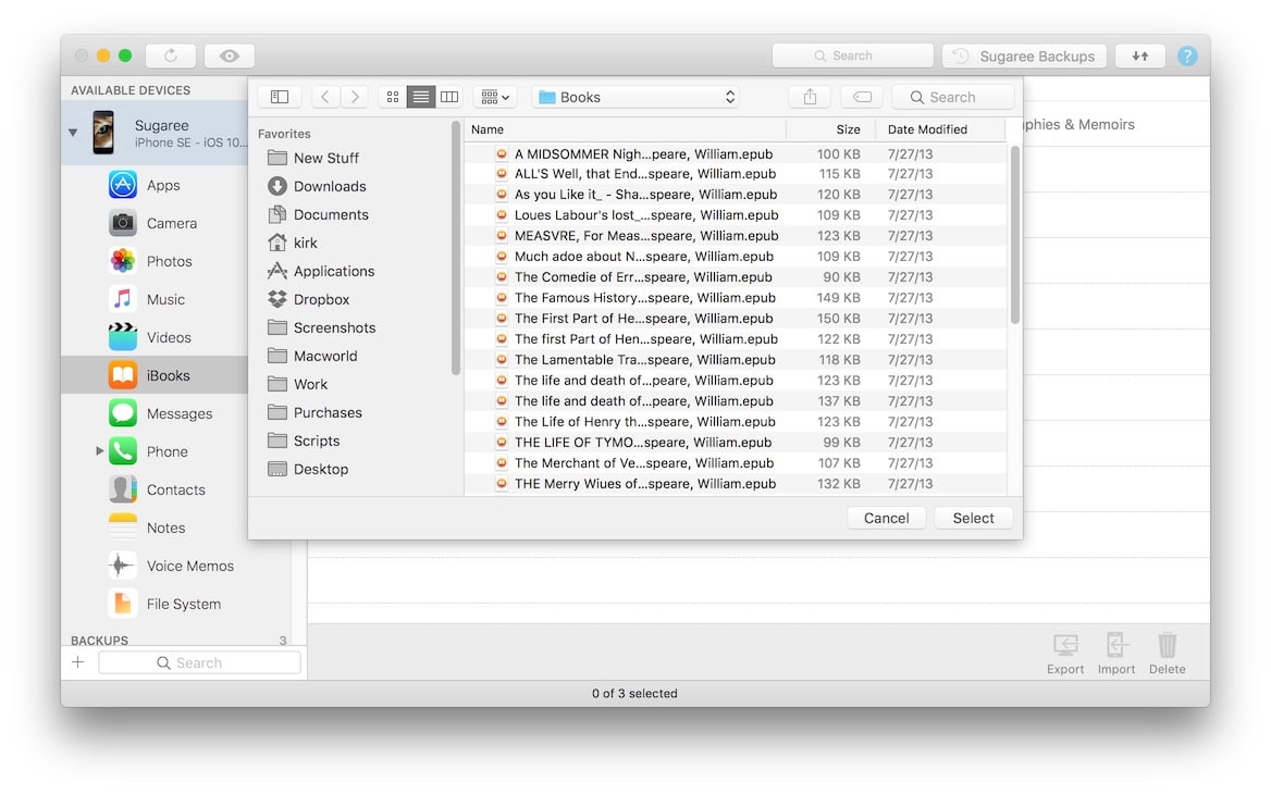 iMazing's iBooks View - import select dialog box
