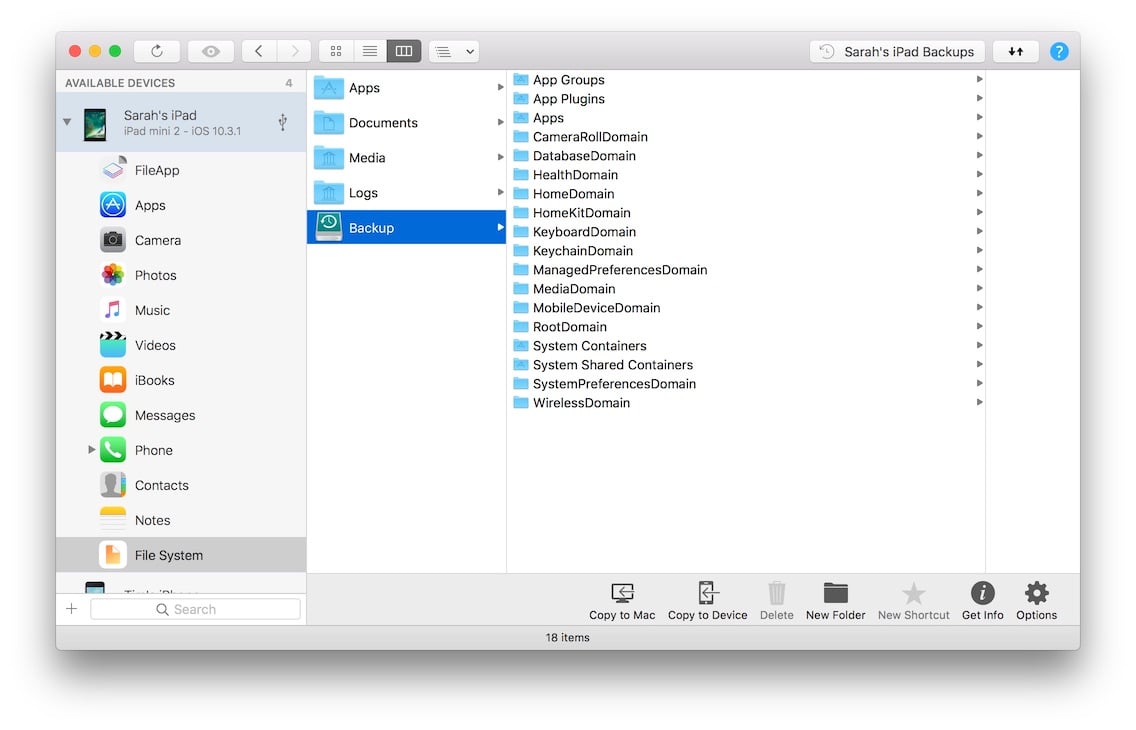 file system view in iMazing with backup folder selected