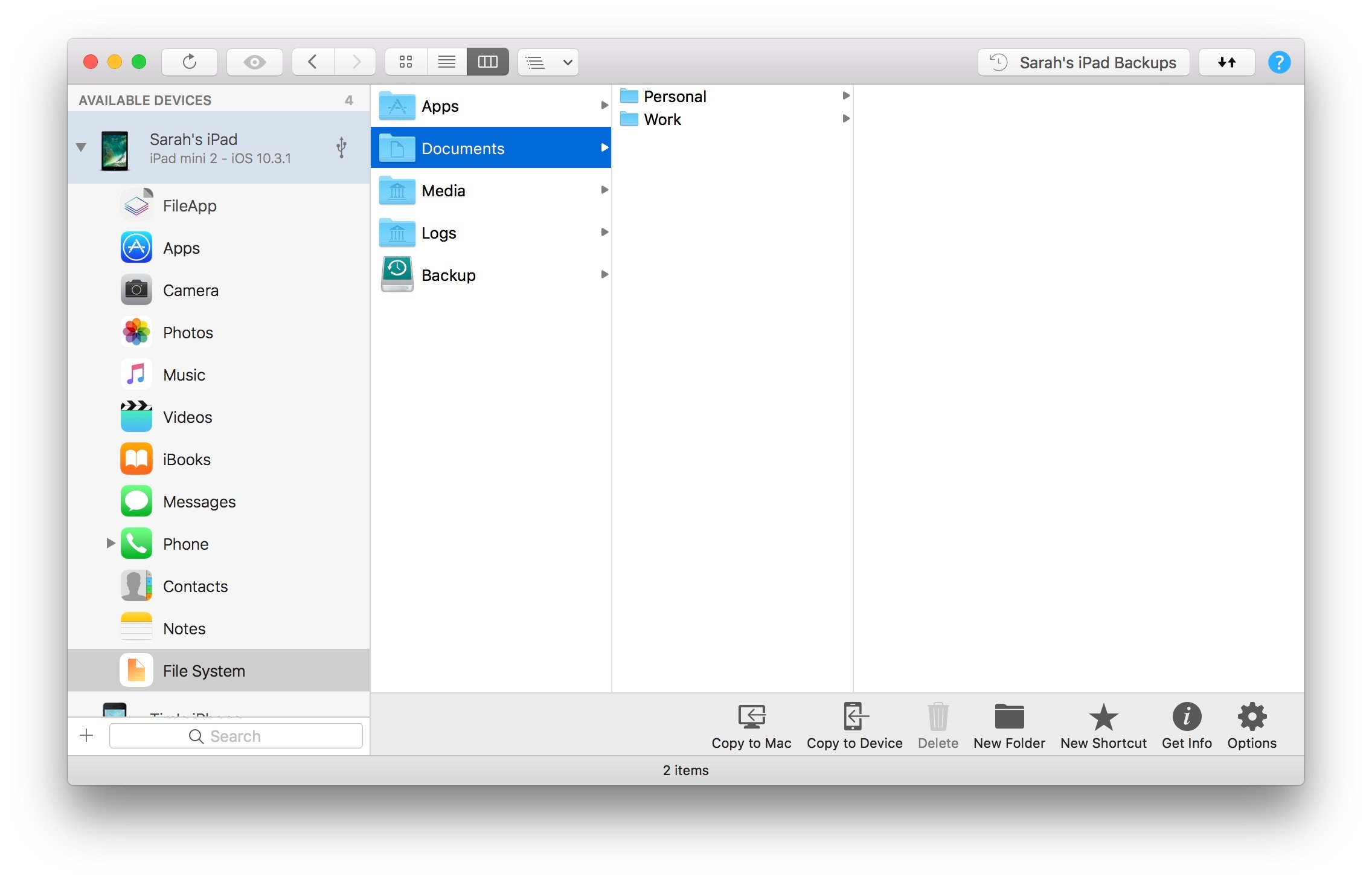 file system view in iMazing with documents folder selected