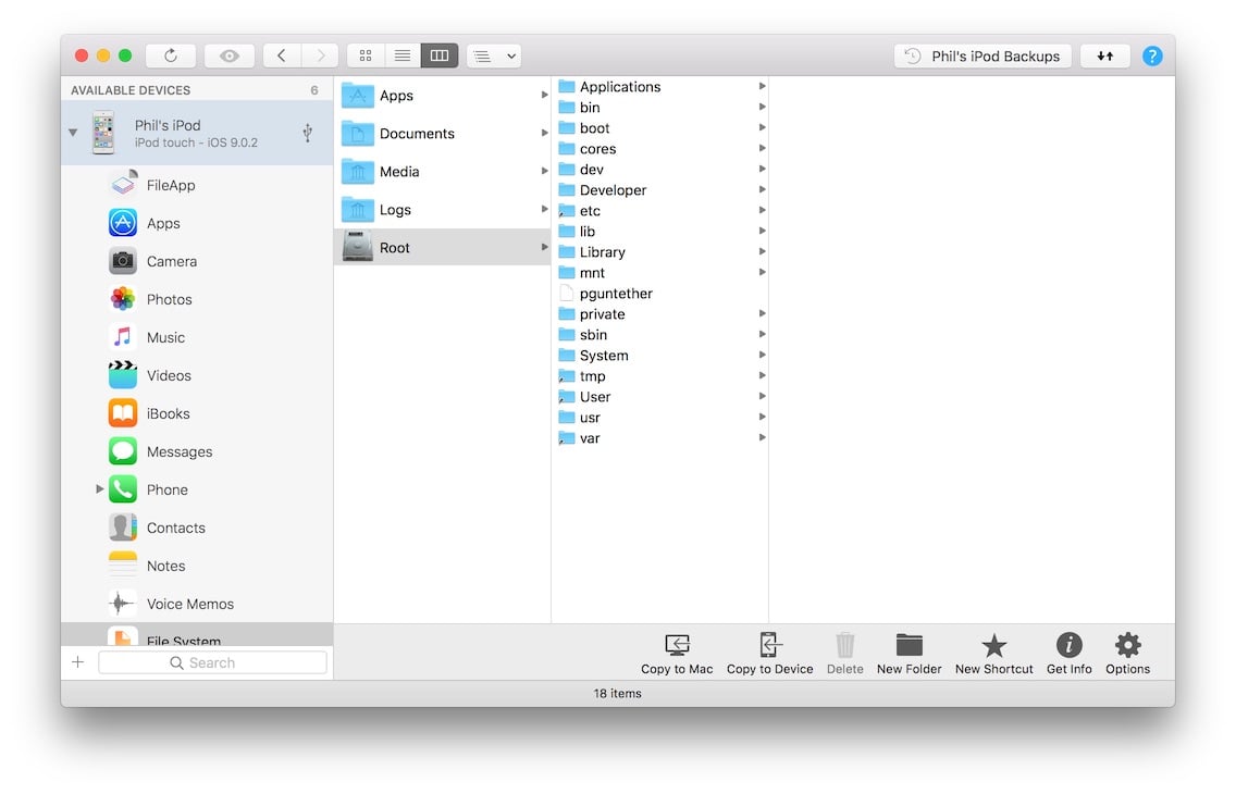 file system view in iMazing with root folder selected