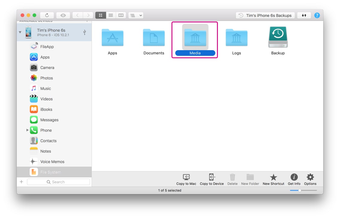 iMazing File System view with Media selected