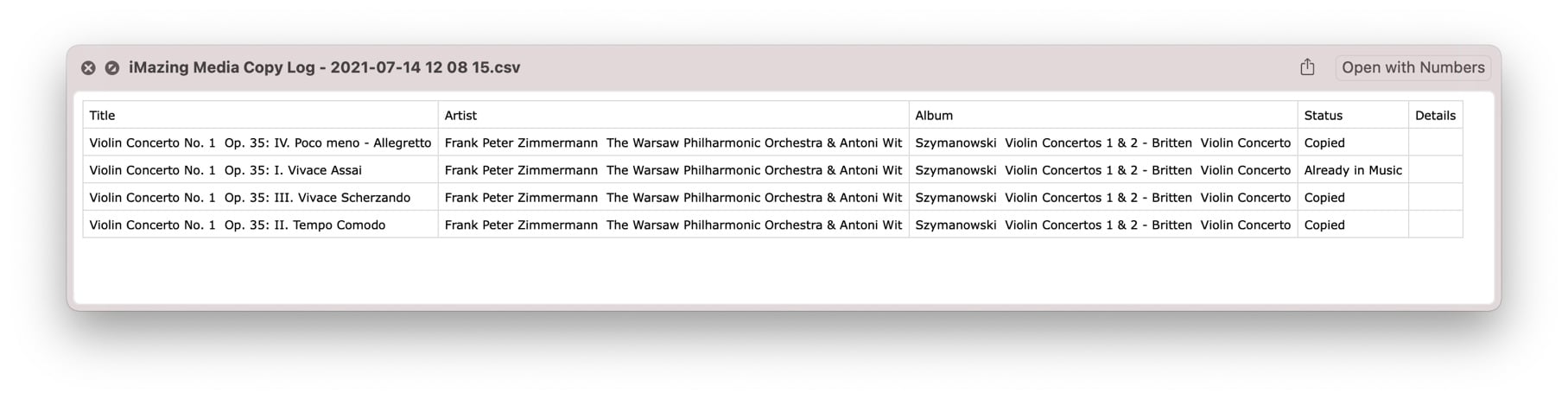 iMazing Music Export Log