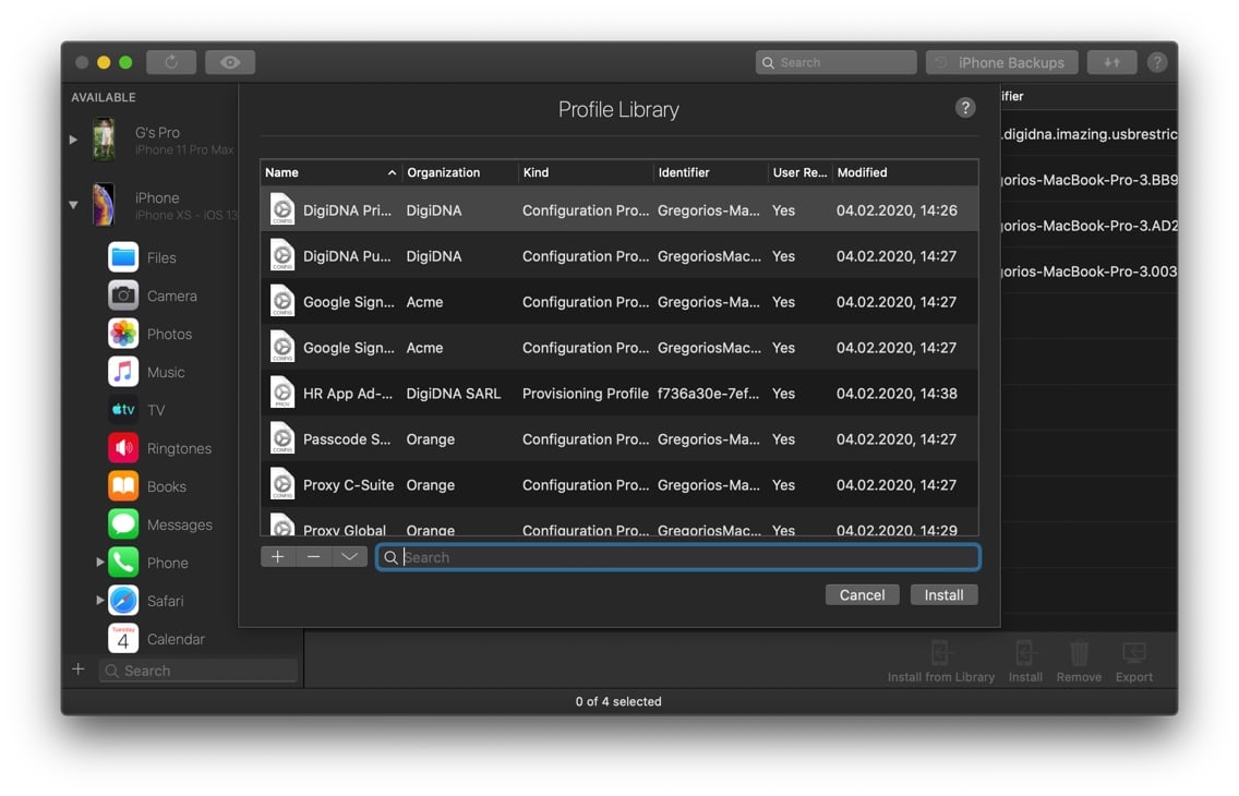 iMazing Device Profiles View, Install from Library