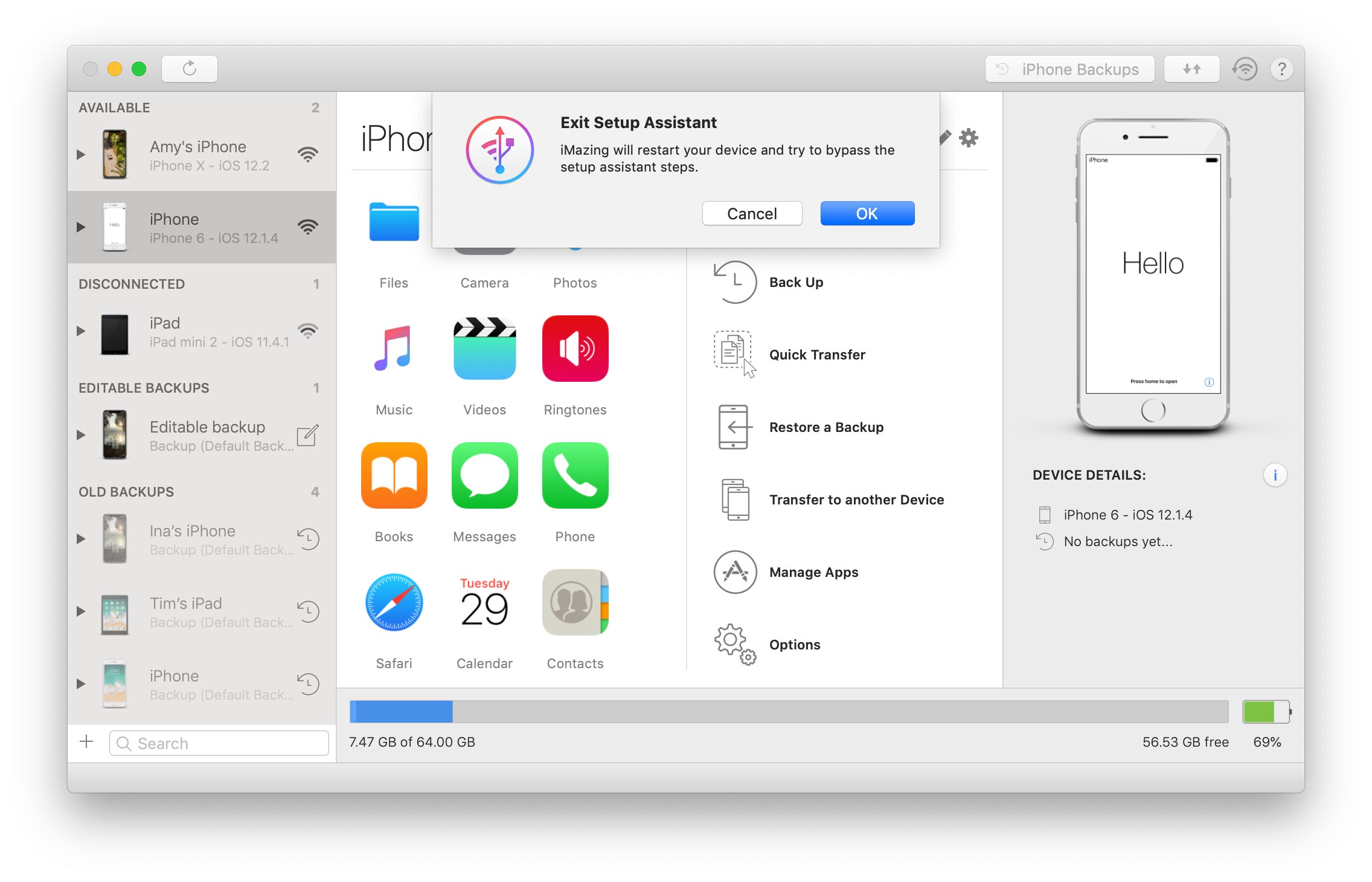 iMazing Exit Setup Assistant confirmation dialog