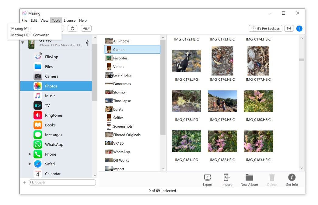 iMazing Windows, HEIC Photos with Tools Menu Open