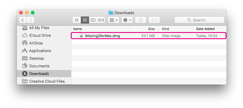 Downloads folder with iMazing installer selected