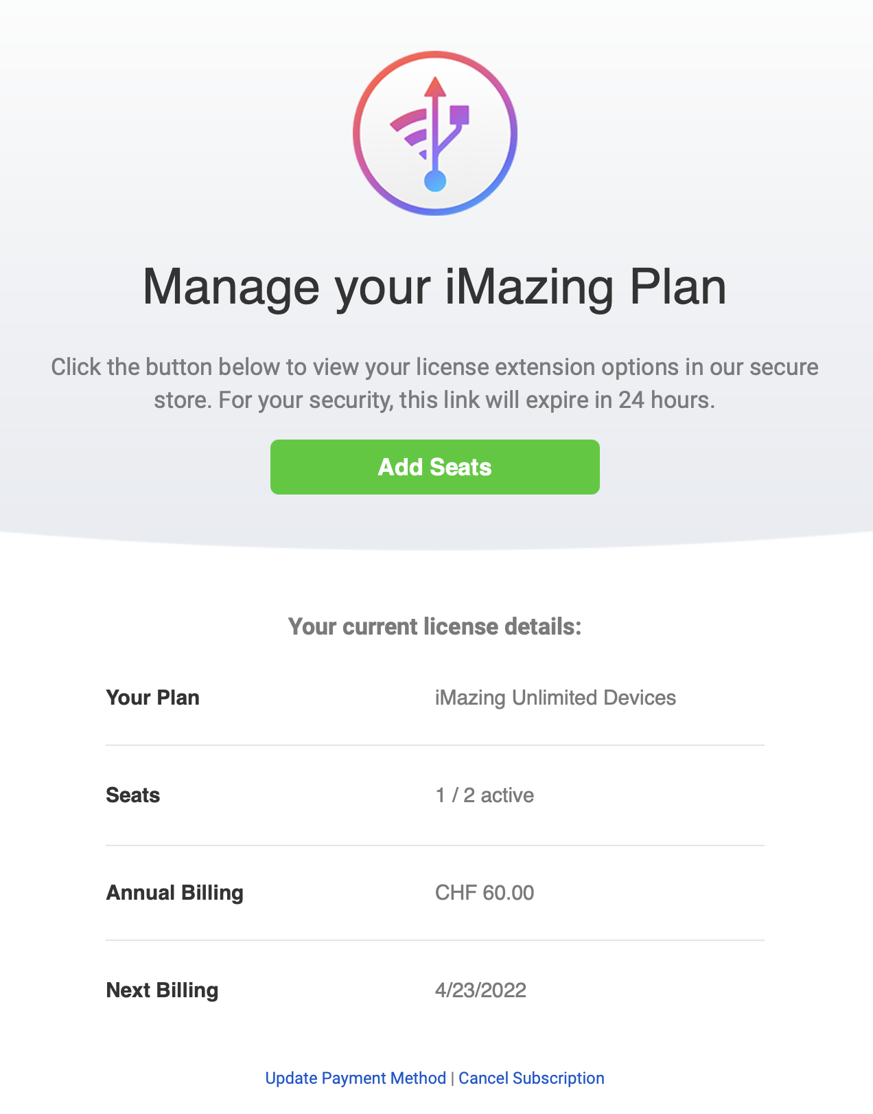 iMazing plan menu