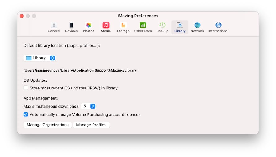 Library tab in iMazing preferences