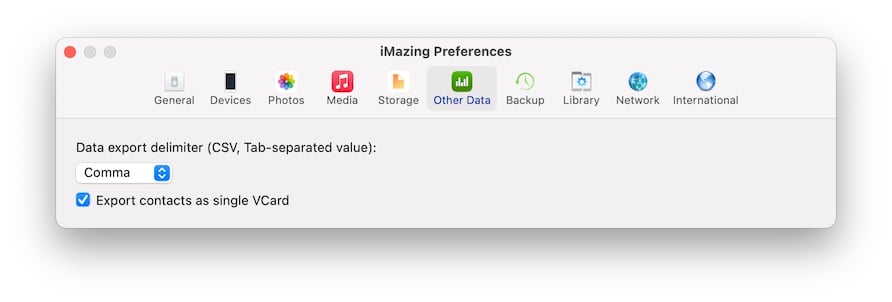Other data tab in iMazing preferences