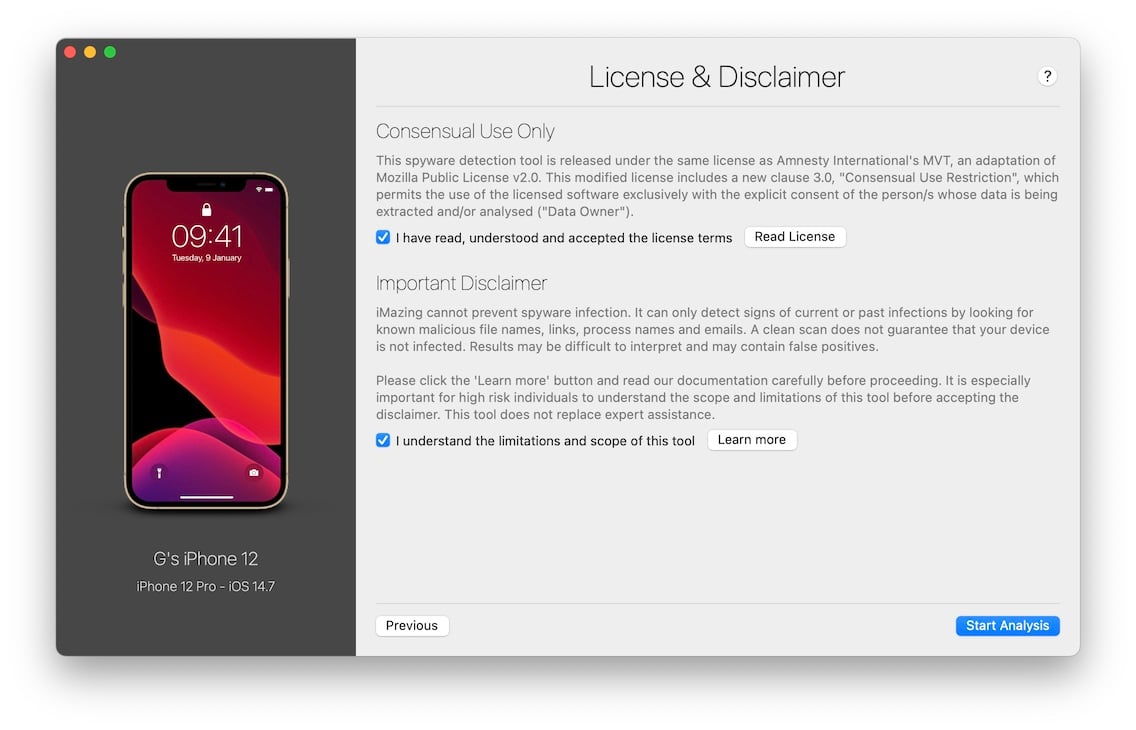 iMazing Spyware Analyzer, License Screen