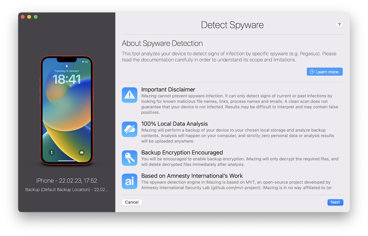 iMazing Spyware Analyzer Feature