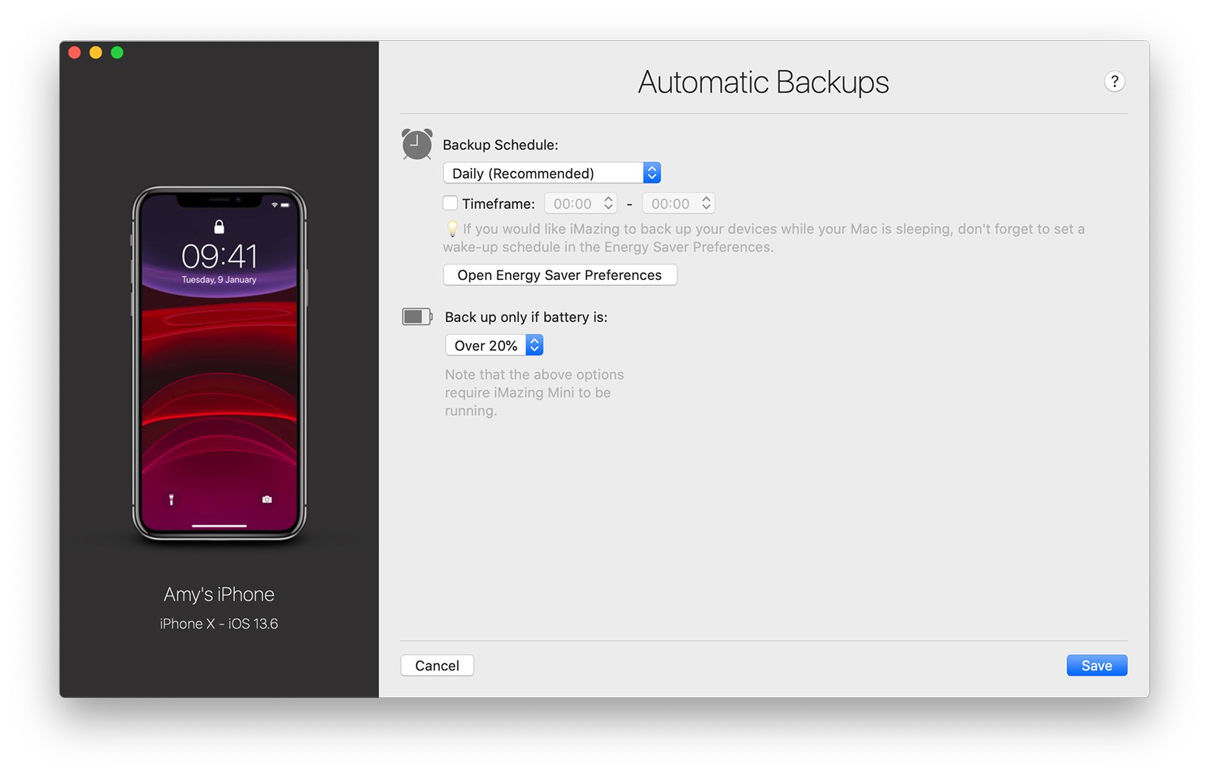 iMazing Automatic Backup settings