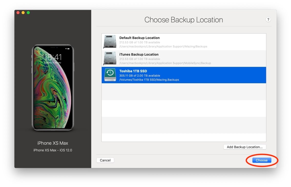 choose backup location screenshot