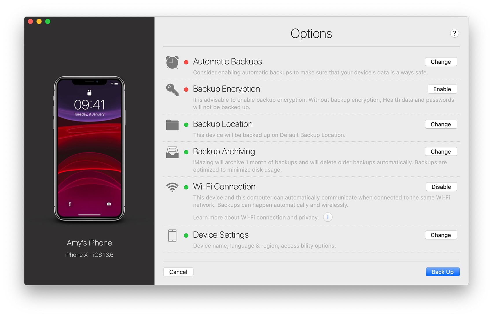 iMazing, Device Options Screen