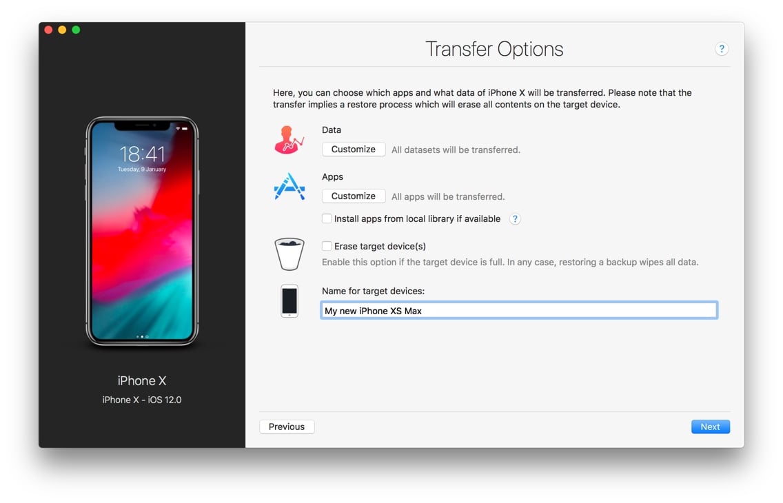 Transfer Options Wizard Screen