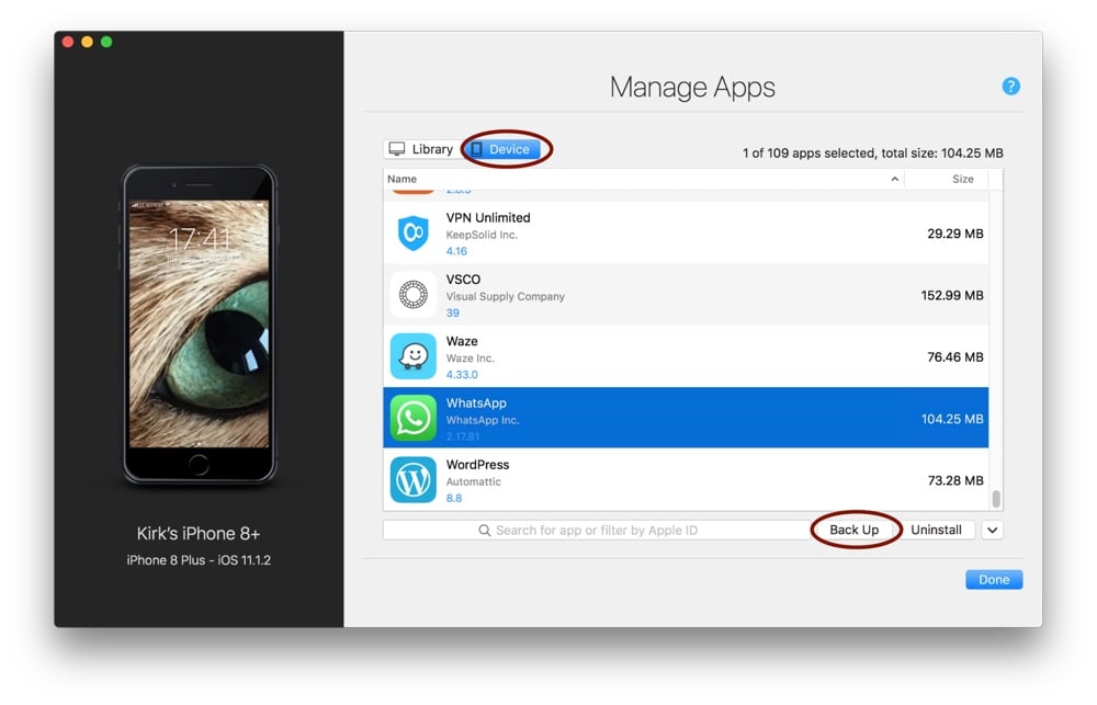iMazing Manage Apps Screen, Device Tab, WhatsApp Selected