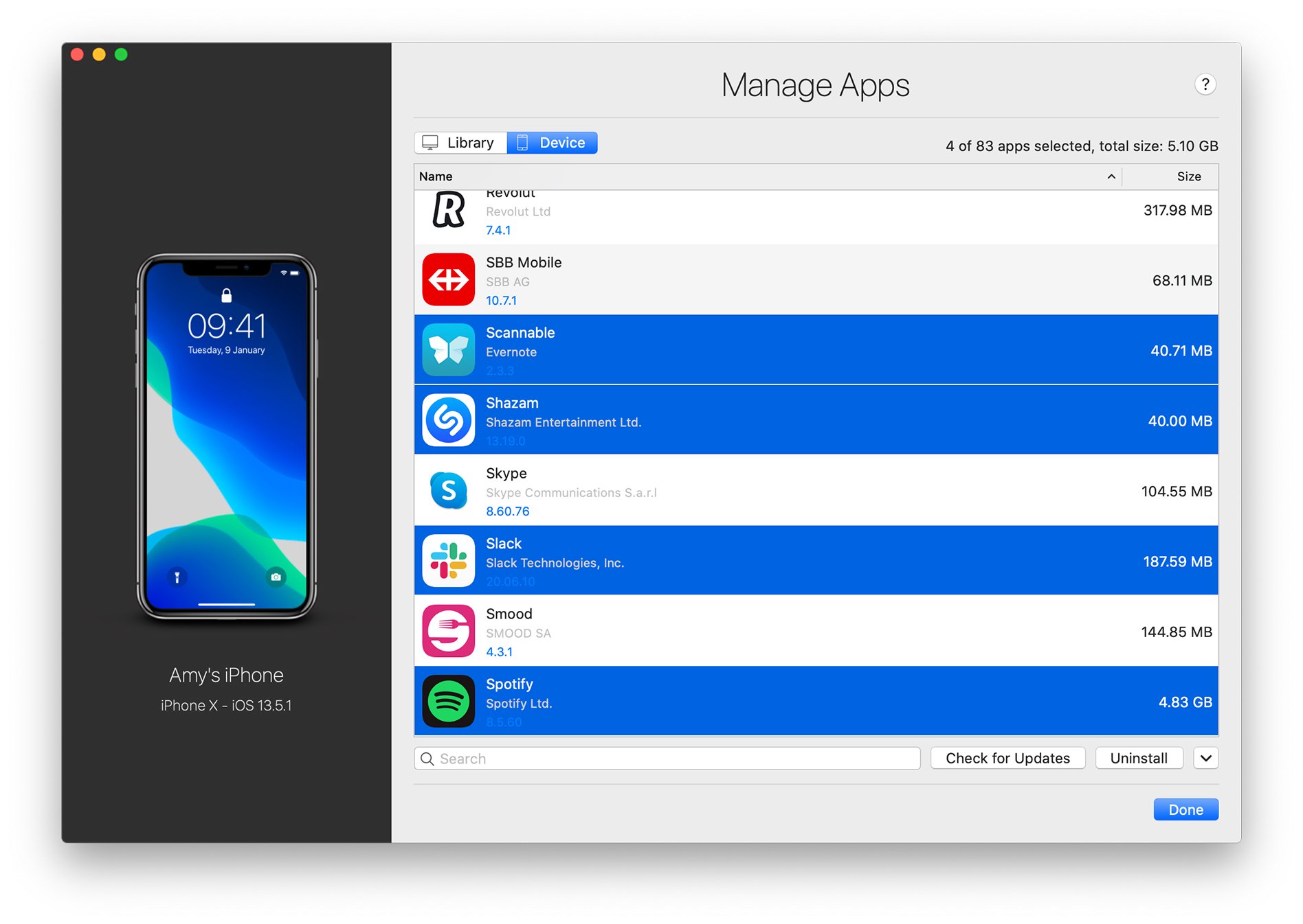 iMazing Manage Apps, Apps Selected