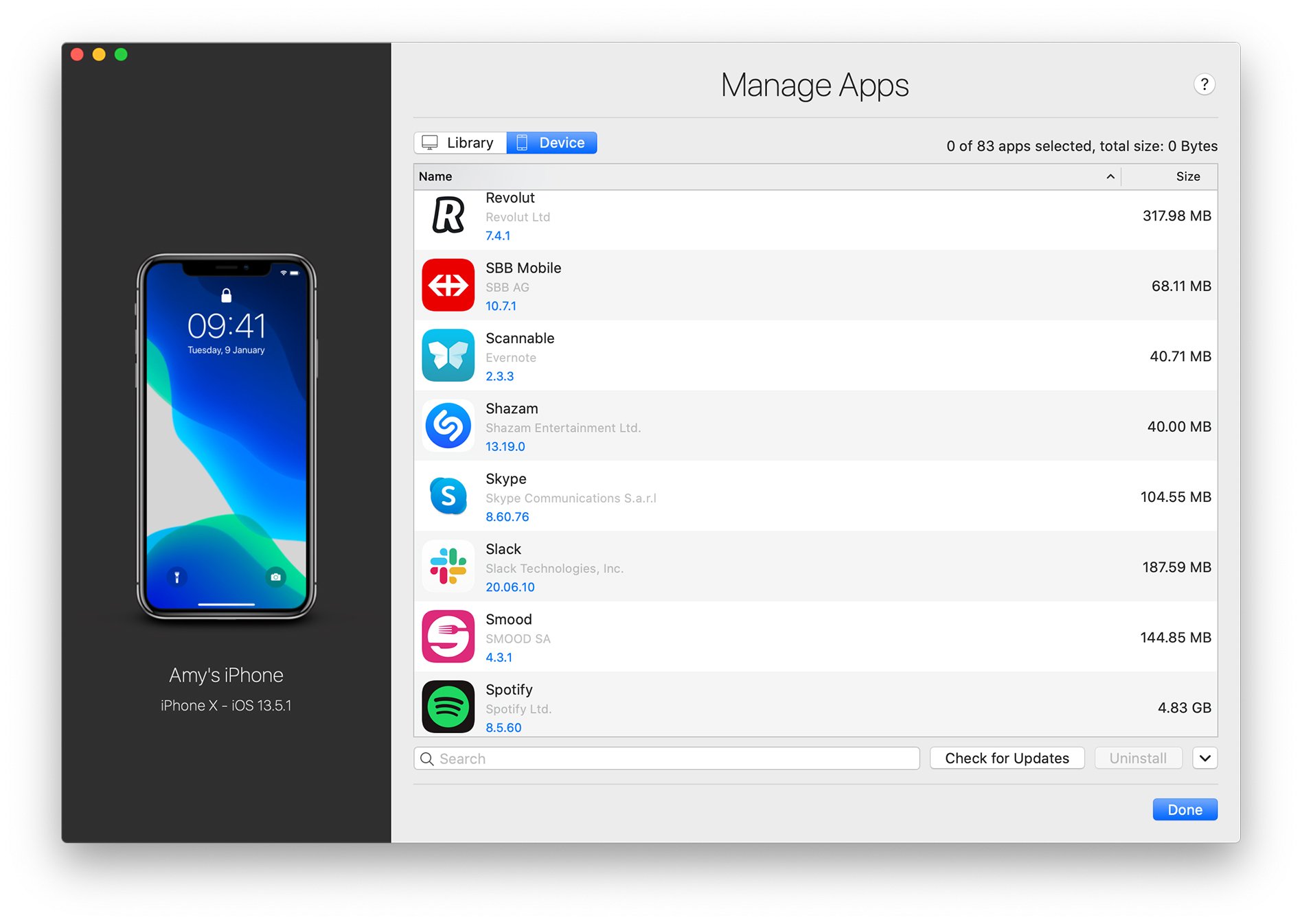 iMazing Manage Apps, Device View Apps List