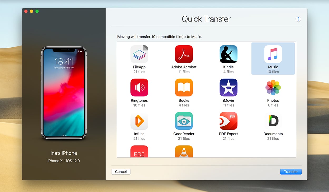 iMazing Quick Transfer wizard, Mac screenshot