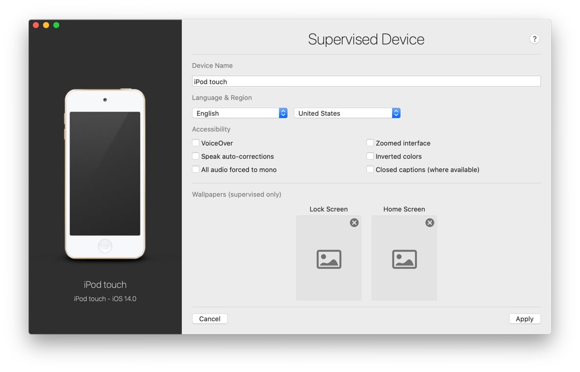 iMazing Supervised Settings Screen, Default Options