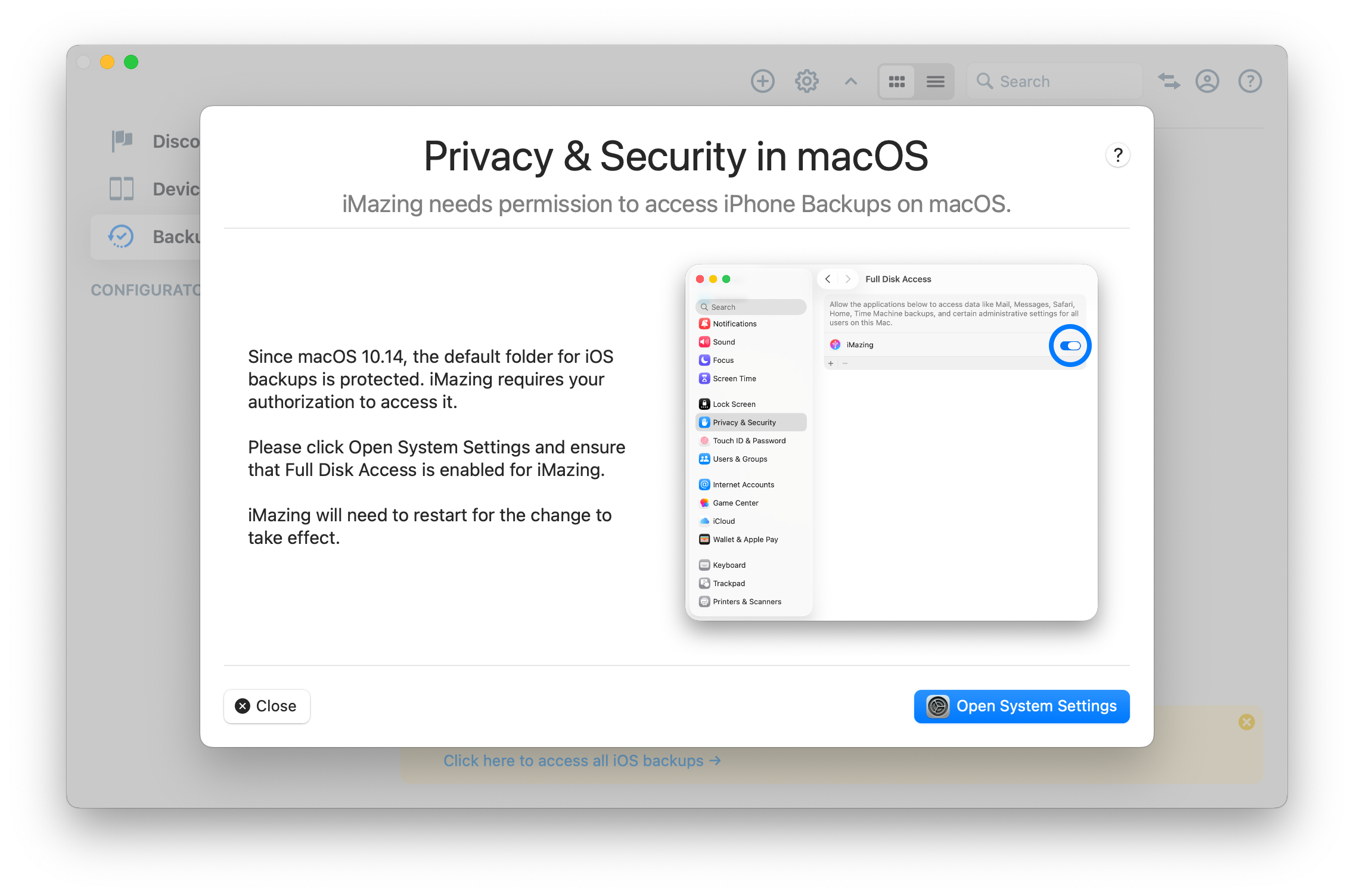 iMazing Allow iTunes Backups Access Screen