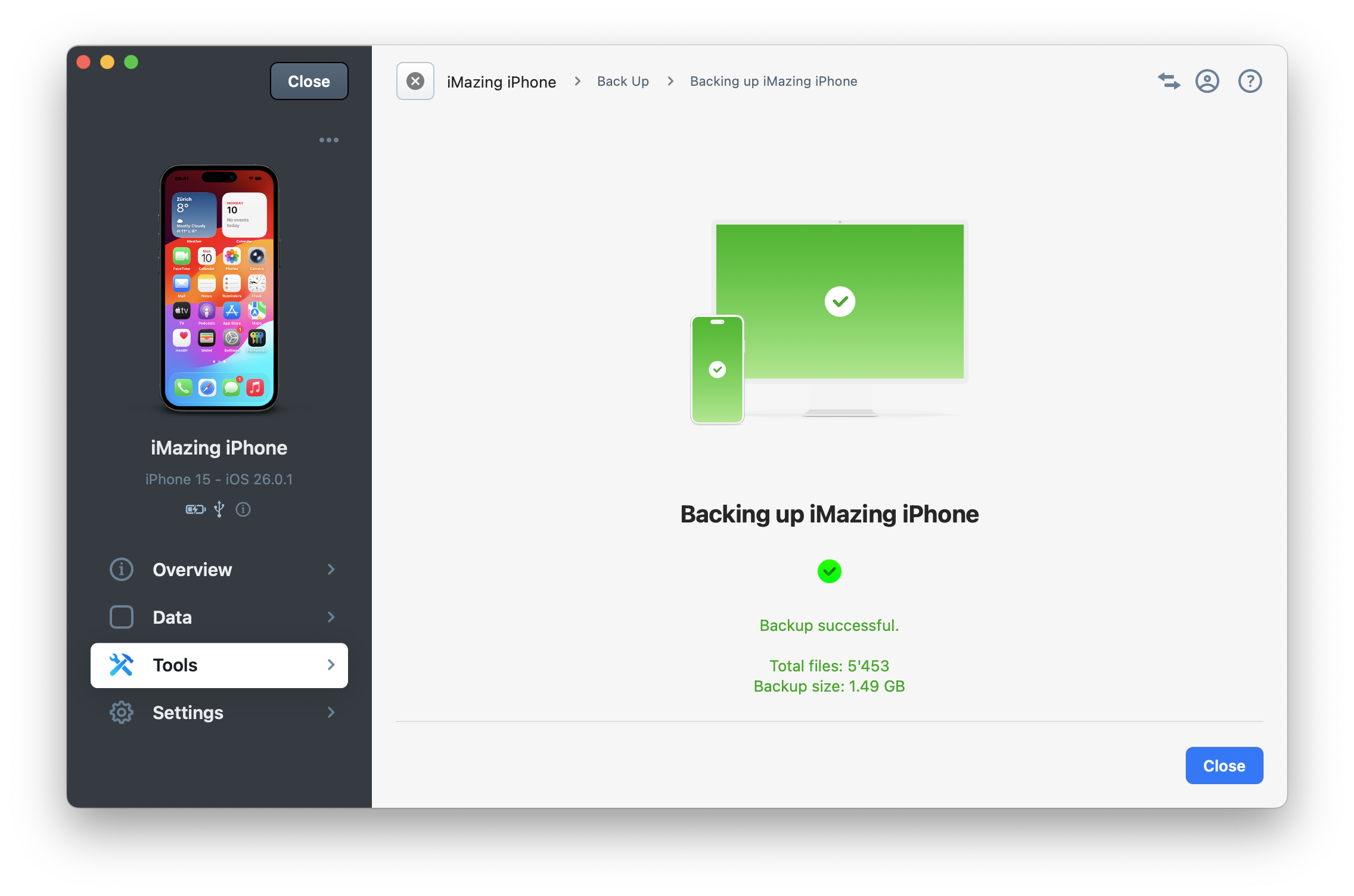 iMazing, First Backup Successful Screen