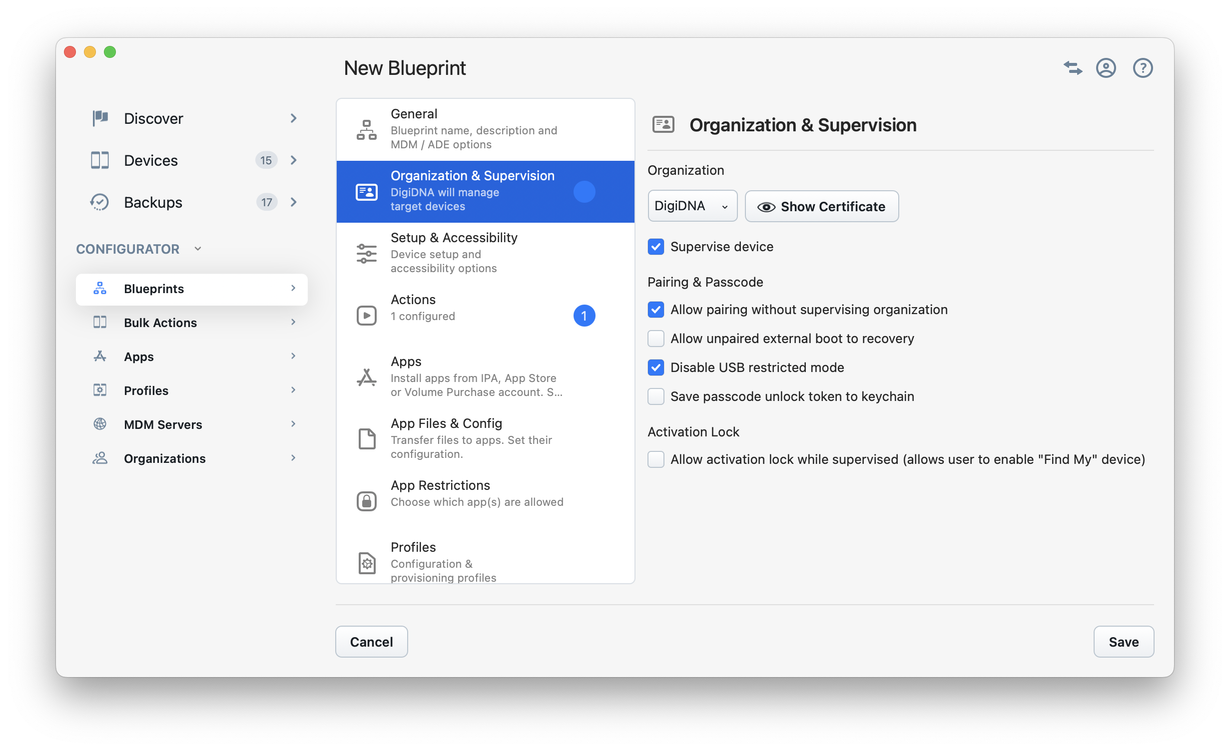 iMazing Configurator - Blueprint Editor Organization & Supervision Section