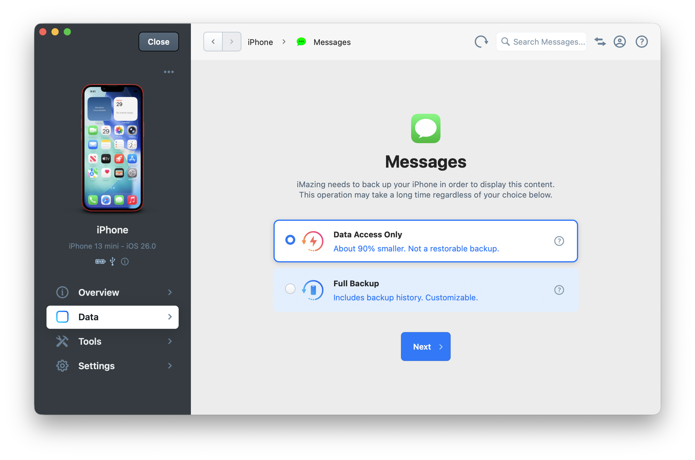 iMazing Data Access Only vs. Full Backup Screen