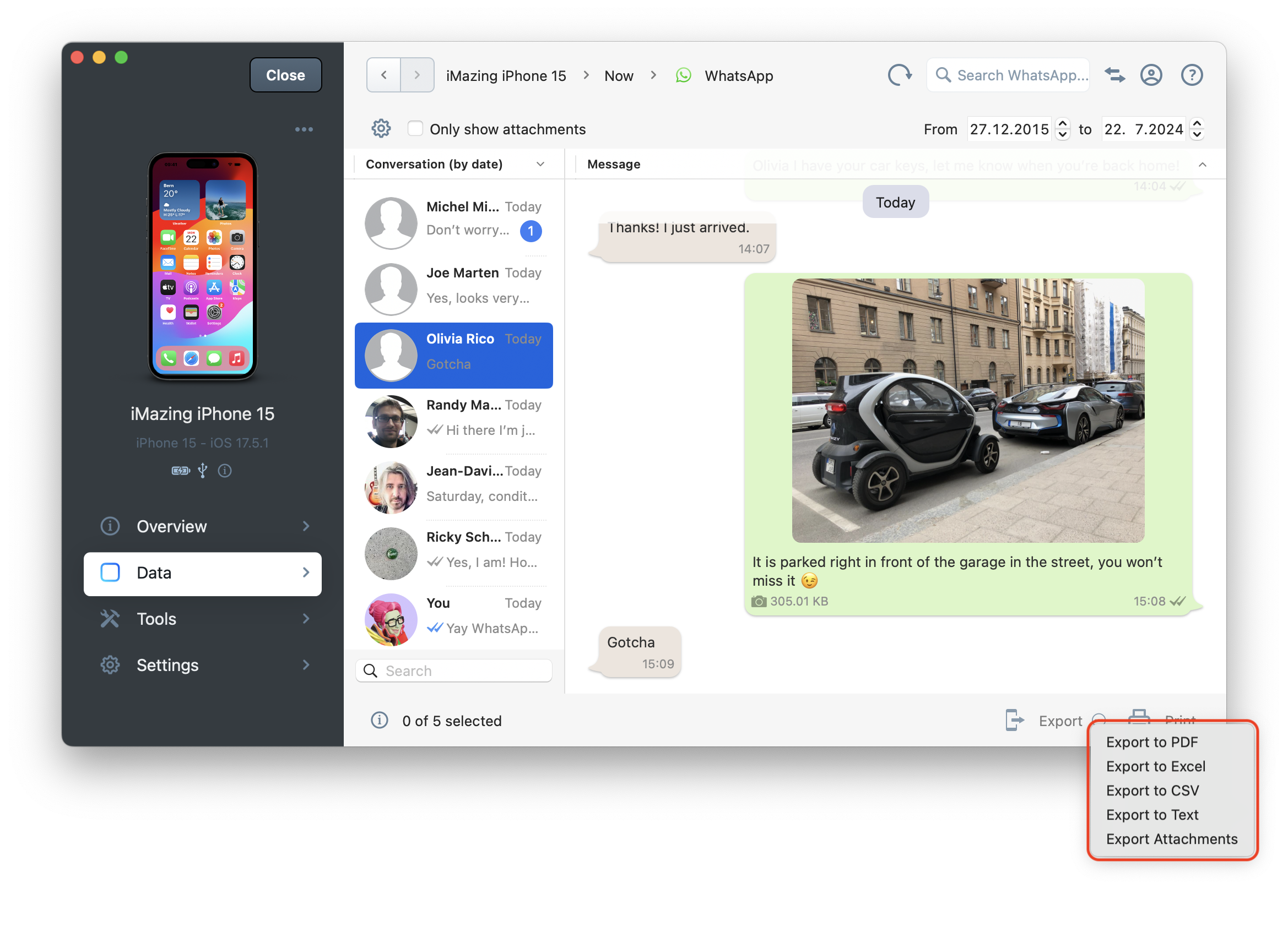 iMazing's Messages View, highlighted export buttons