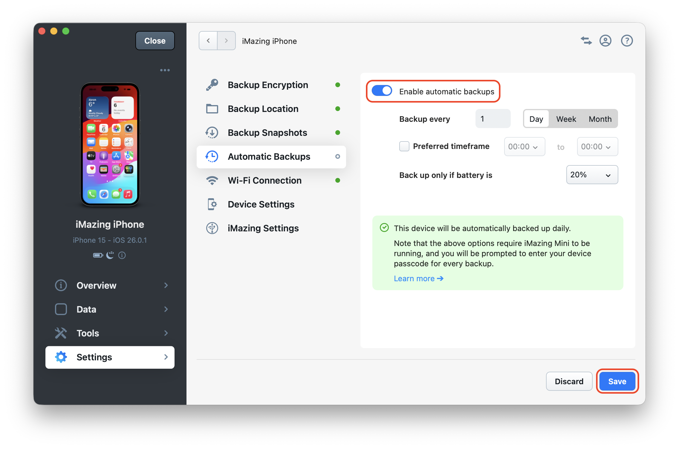 iMazing's Automatic Backup Screen