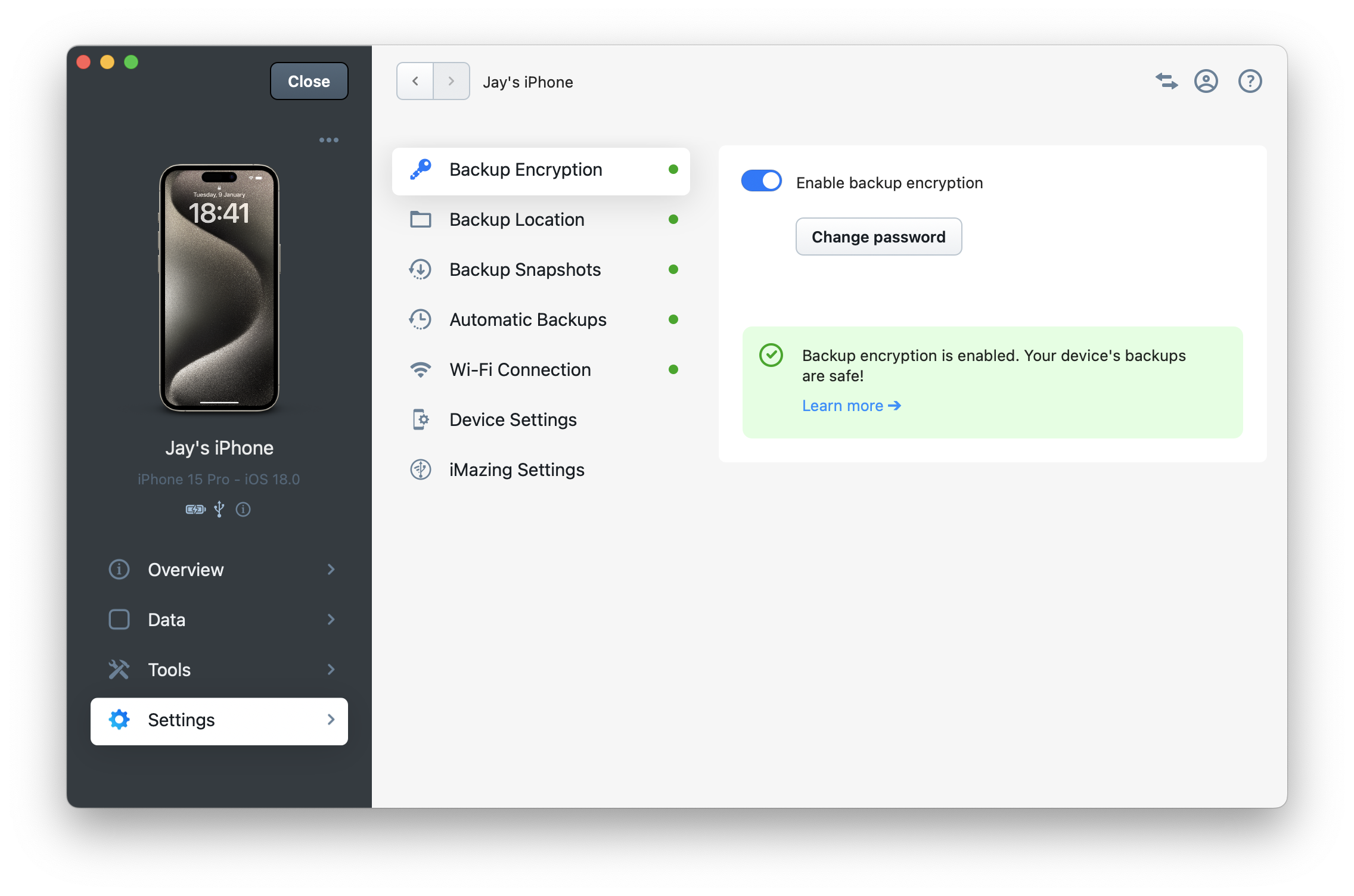 iMazing Device Settings - Backup Encryption Panel