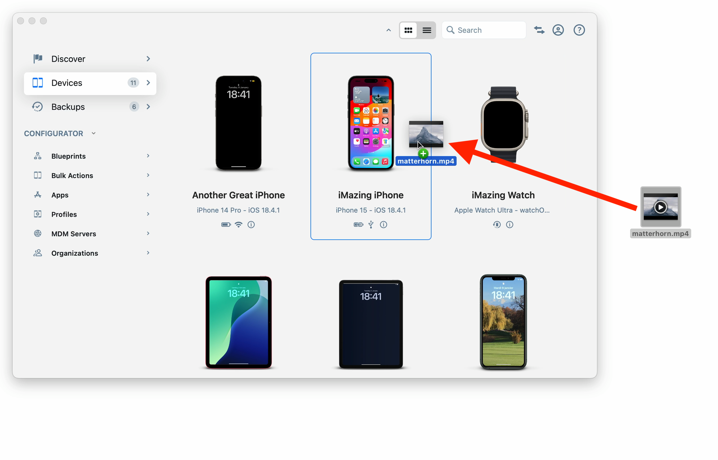 Quick Transfer in iMazing, drag and drop GIF