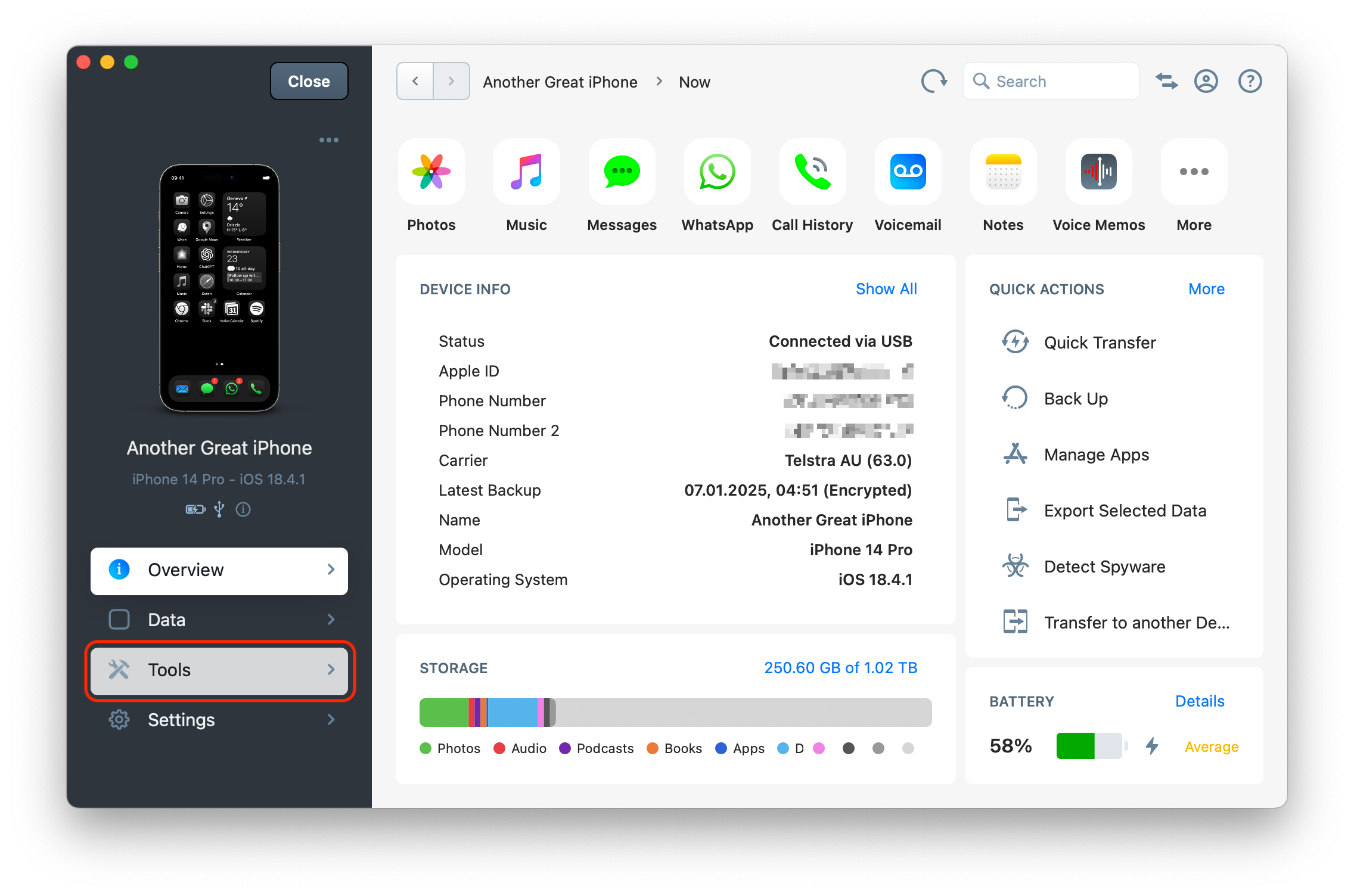 iMazing Devices Screen, Tools Highlighted